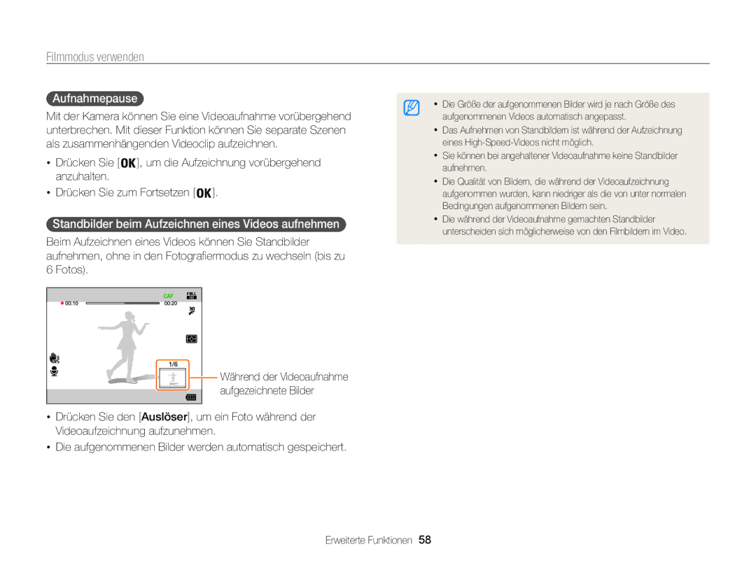 Samsung WB855F manual Filmmodus verwenden, Aufnahmepause , Standbilder beim Aufzeichnen eines Videos aufnehmen , Anzuhalten 